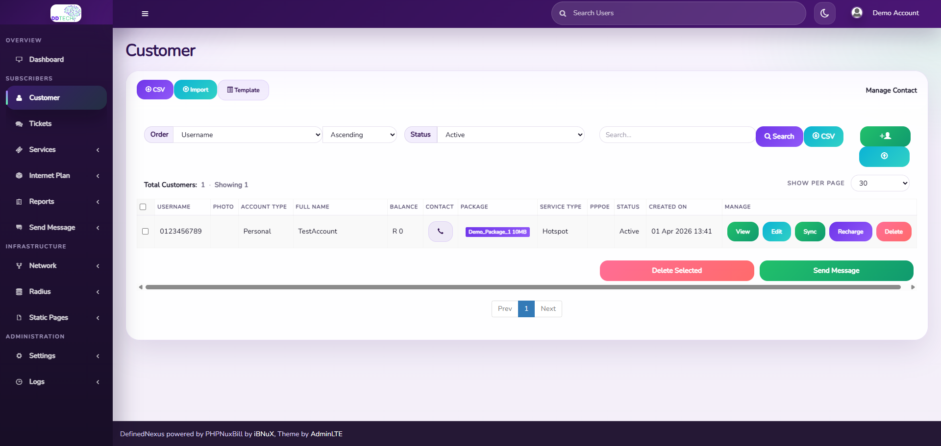 DefinedNexus customer management screen