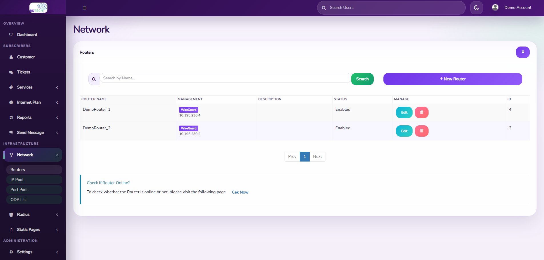 DefinedNexus router management screen
